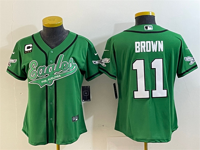 Youth Philadelphia Eagles #11 A. J. Brown Green With 3-Star C Patch Cool Base Stitched Baseball Jersey